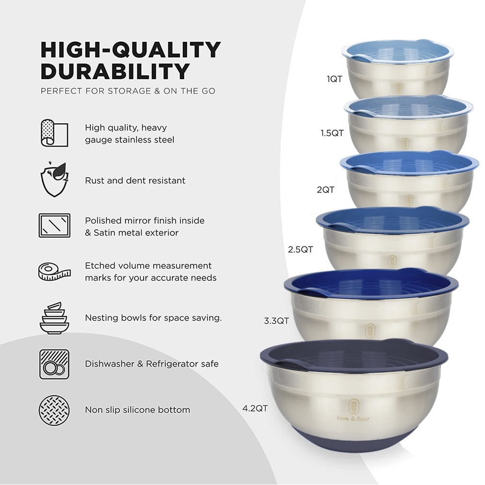 NEW-NO BOX love& flour Mixing Bowls with Airtight Lids, 6 Piece Stainless Steel - Picture 3 of 4